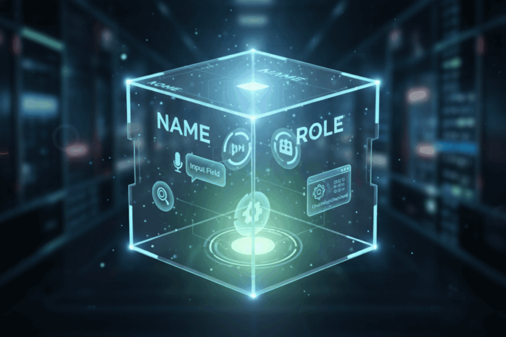 A transparent cube with the words Name and Role presents on two sides