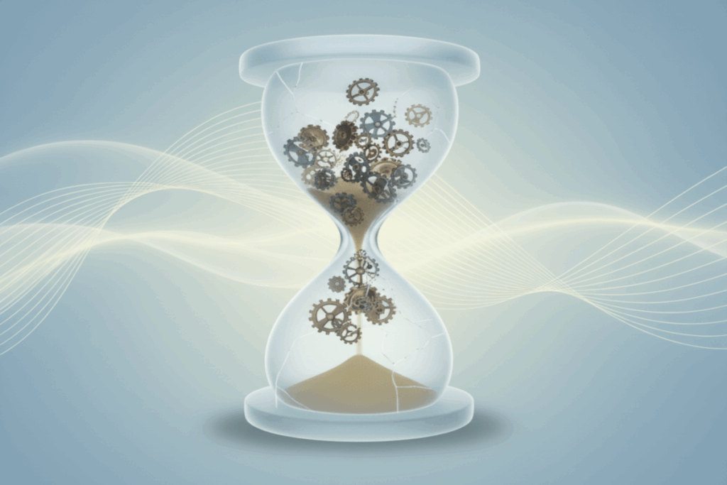 An hourglass with gears and sand passing from the top to bottom portions.