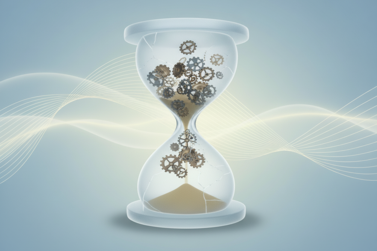 An hourglass with gears and sand passing from the top to bottom portions.