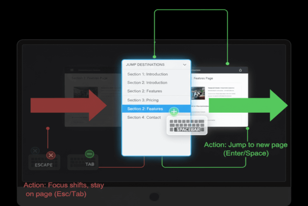 A representation of a select control, with options access via keyboard, and activated with space bar