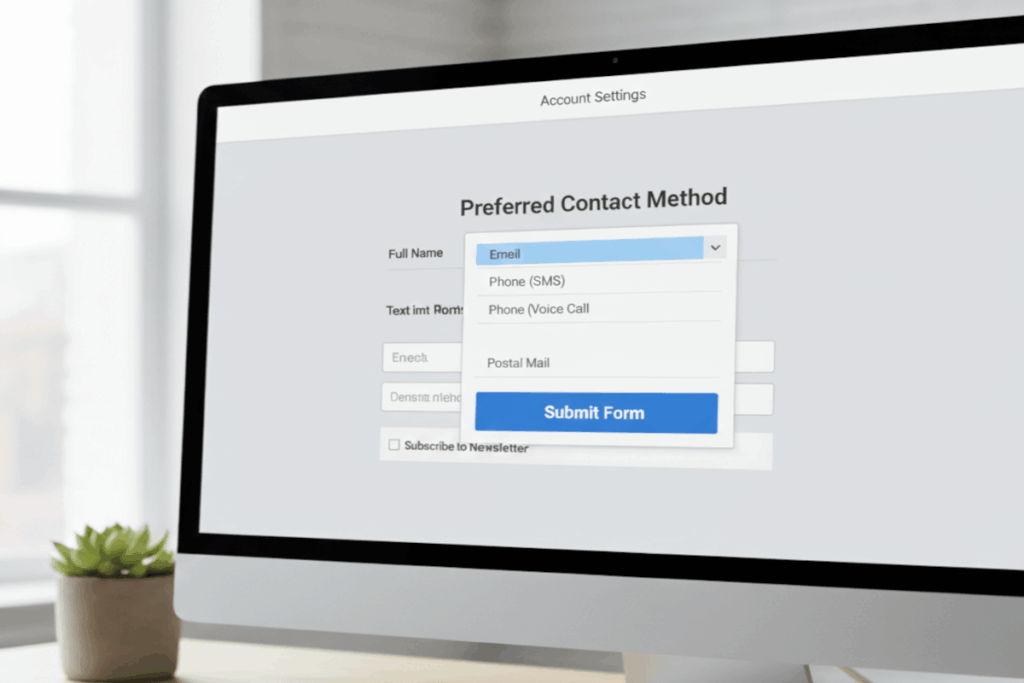 A computer screen with a expanded select control, with the option Email selected and a Submit Form button