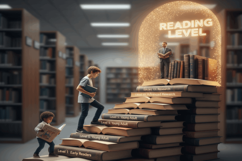 Two children climbing stairs made of books, each level a higher reading level leading up to the top level, with Reading Level is lights