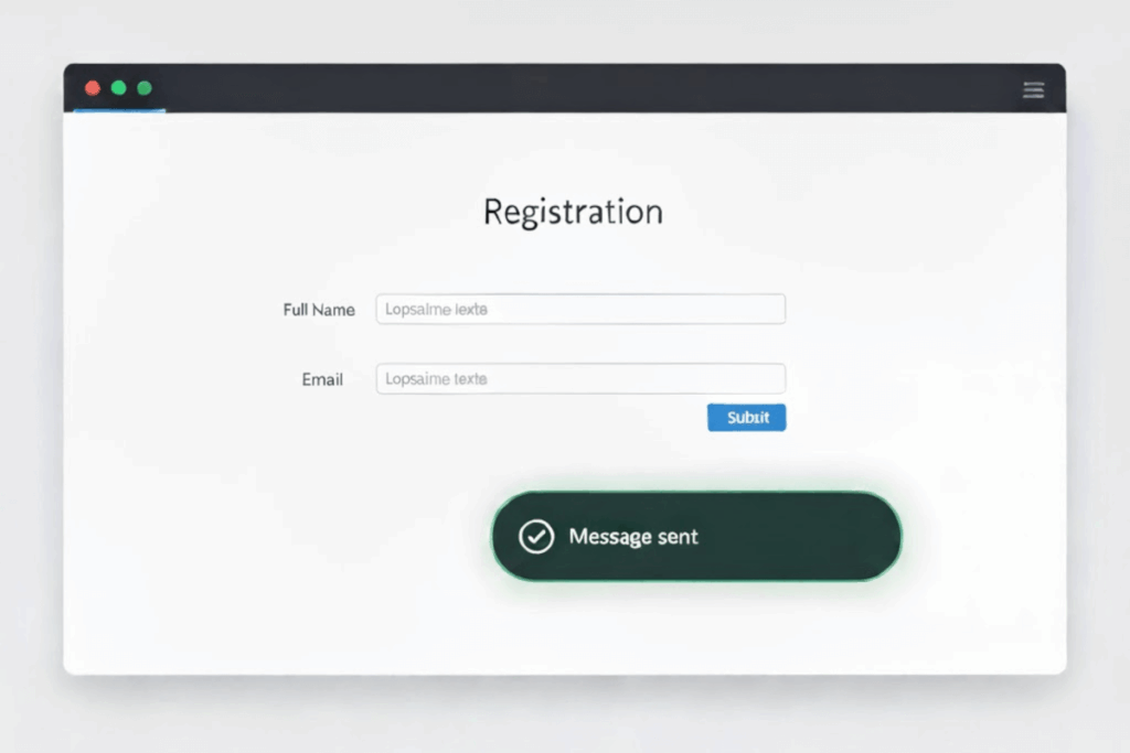 A registration for with Full Name and Email text fields, and a blue submit button. A green toast message is presented that says message sent.