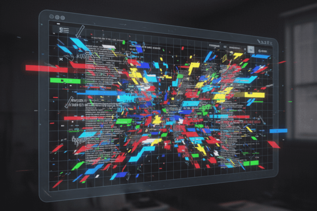 A monitor presenting a screen with colorful elements that are popping out forward from the screen.