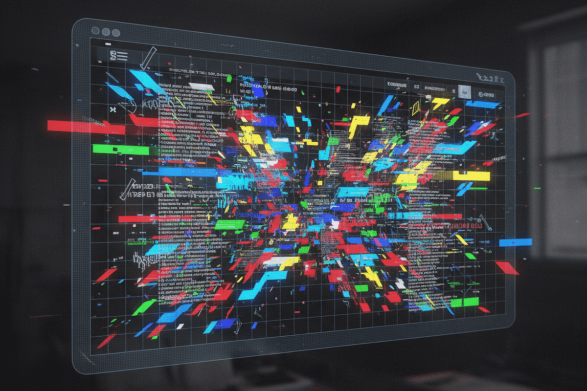 A monitor presenting a screen with colorful elements that are popping out forward from the screen.