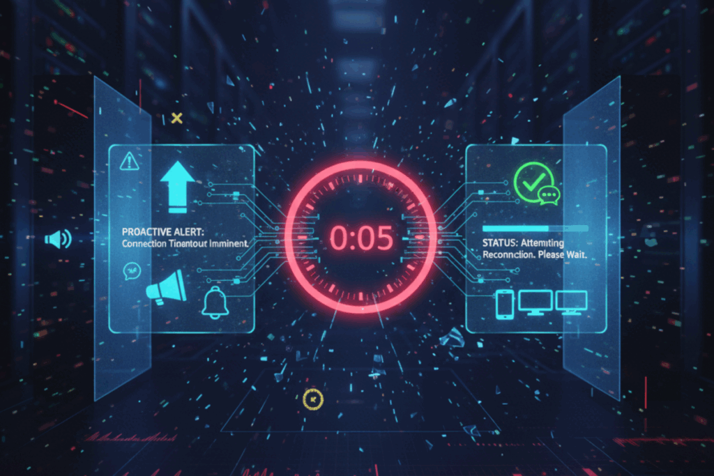 Against a dark blue background, with shapes showing forward movement, two panels, a proactive alert on the left, and a status message on the right, with a reddish countdown timer at 5 seconds.