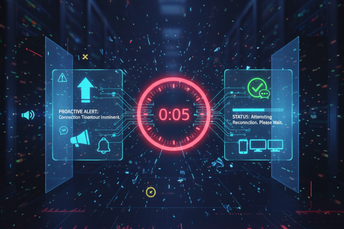 Against a dark blue background, with shapes showing forward movement, two panels, a proactive alert on the left, and a status message on the right, with a reddish countdown timer at 5 seconds.