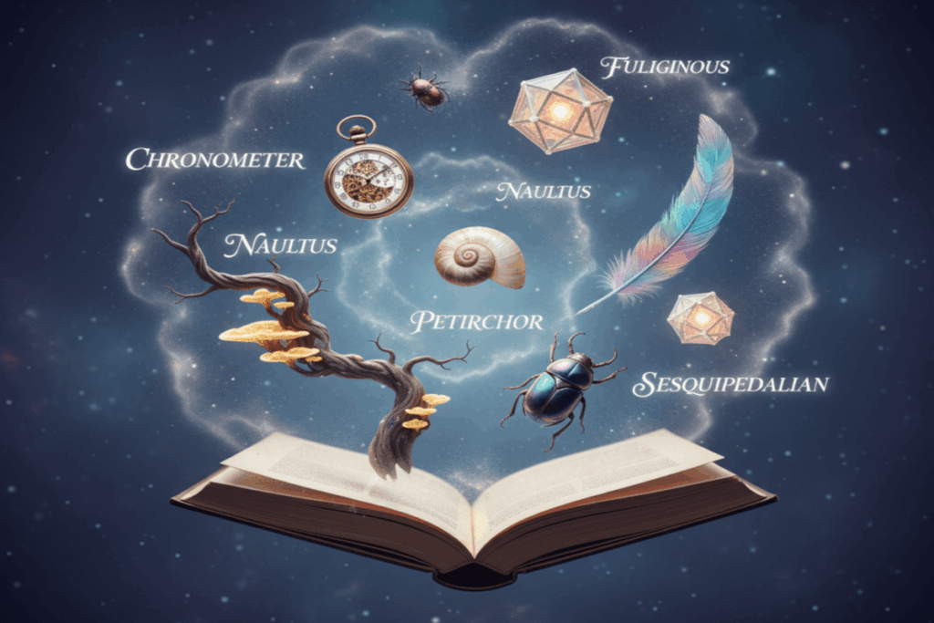 An open dictionary with uncommon words floating above