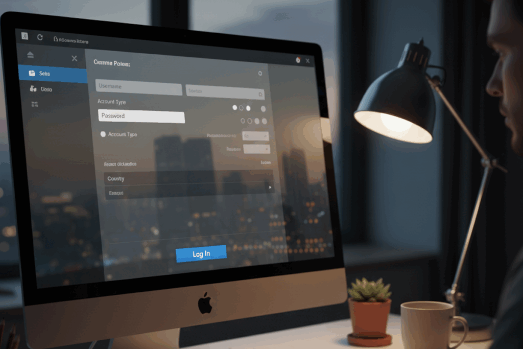 A computer monitor with a focus ring on a blue Log In button