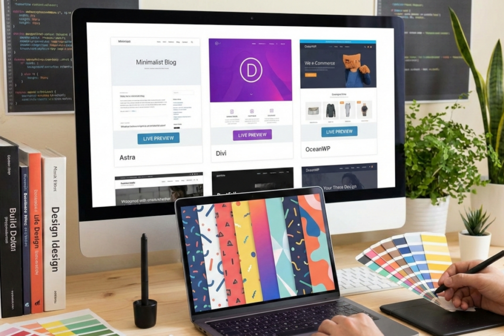 A web developer with the WordPress Theme screen on the monitor while holding color swatches.