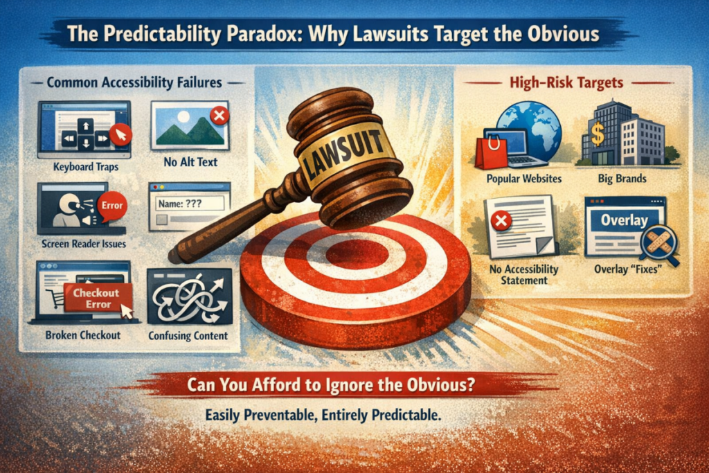 The Predictability Paradox: Why Lawsuits Target the Obvious. Common Accessibility Failures; Keyboard Traps, No Alt Text, Screen Reader Issues, Form Fields Missing Labels, Broken Checkout, Confusing Content. High-Risk Targets; Popular Websites, Big Brands, No Accessibility Statement, Overlay “Fixes”. Can You Afford to Ignore the Obvious? Easily Preventable, Entirely Predictable.