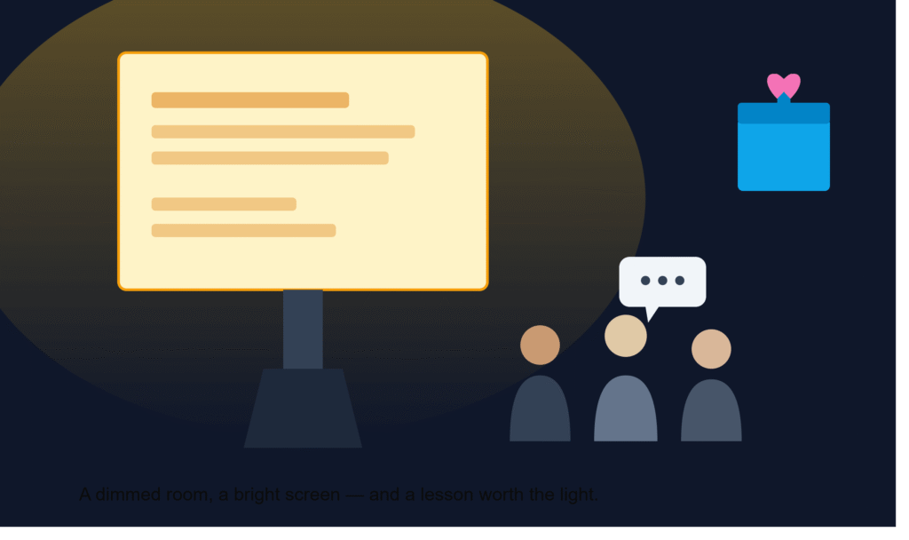 A lit presentation screen, a dimmed room, an audience member with a caption bubble, and a gift box — the moment where a well-meaning fix and its unexpected consequence come together.