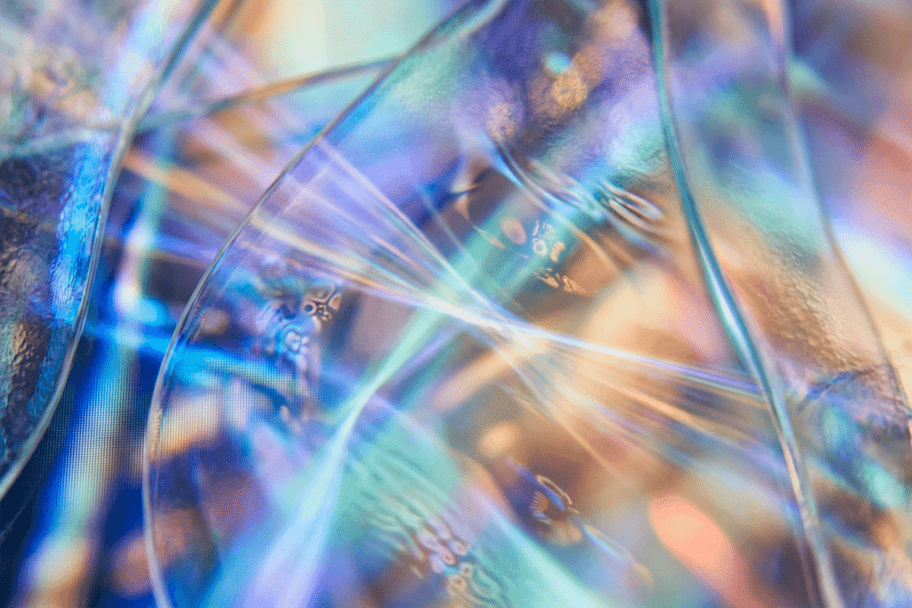 Abstract macro image of overlapping translucent, iridescent surfaces in vivid blue, violet, teal, and amber, creating a dreamy, luminous sense of motion.