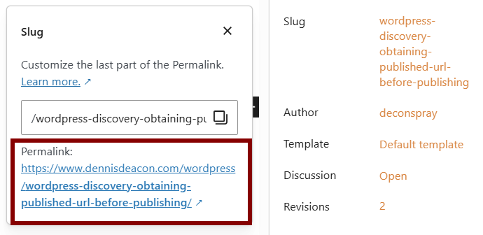 A screenshot of the expanded slug window from the post's Settings sidebar