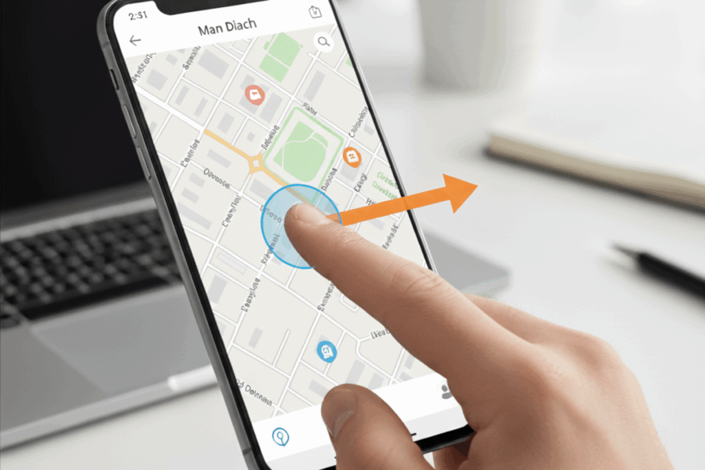 A person gesturing from the center of the mobie device screen to the right